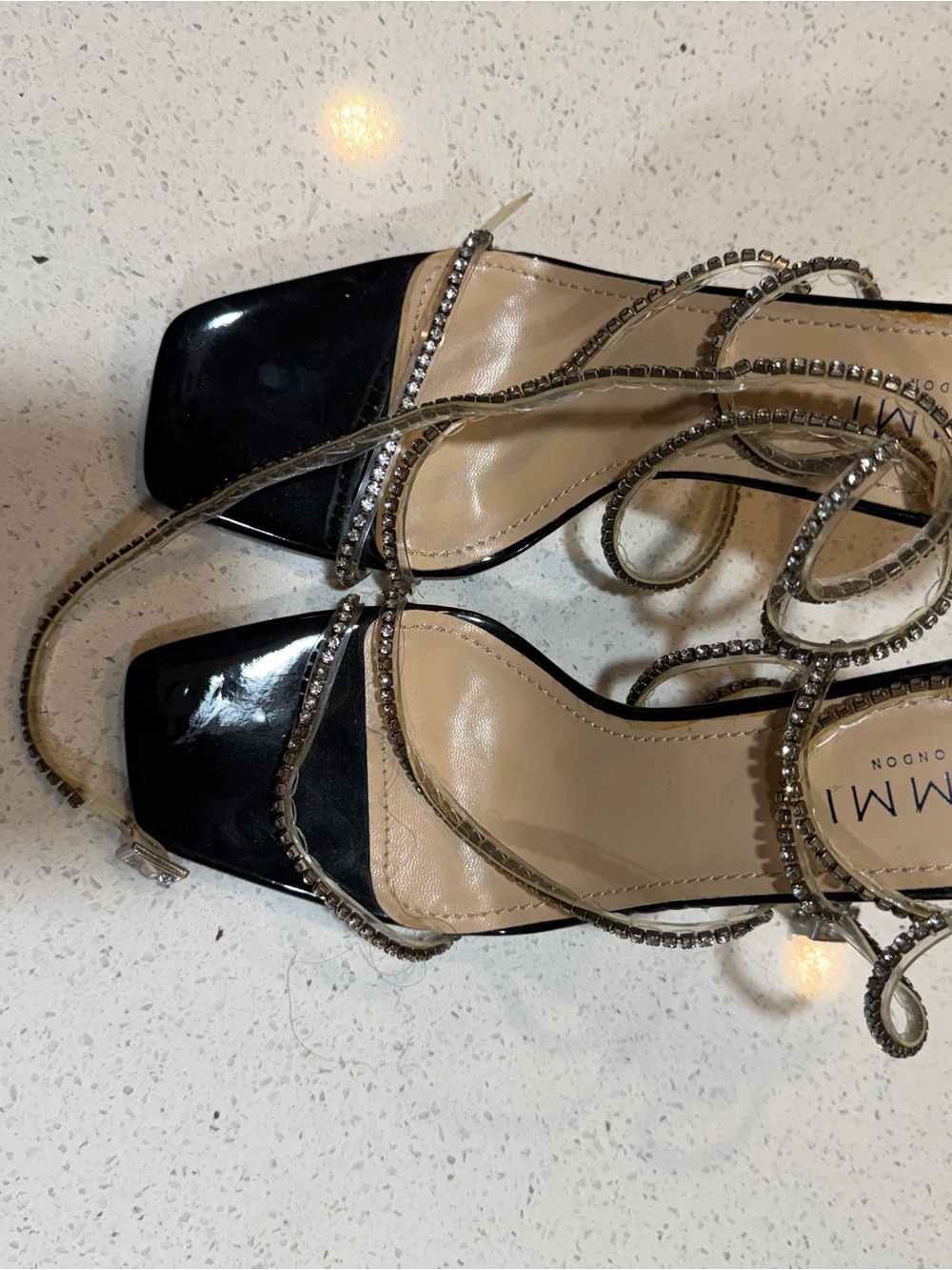 Beaded Lace-Up Black Patent Heeled Sandals